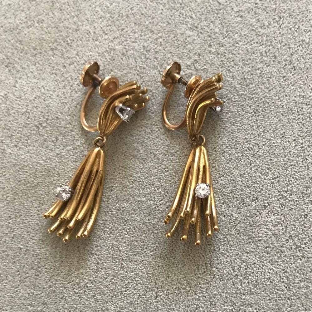 Vtg 14 kt yellow gold french screw back drop w/ 4 0.06ct diamond Earrings REAL